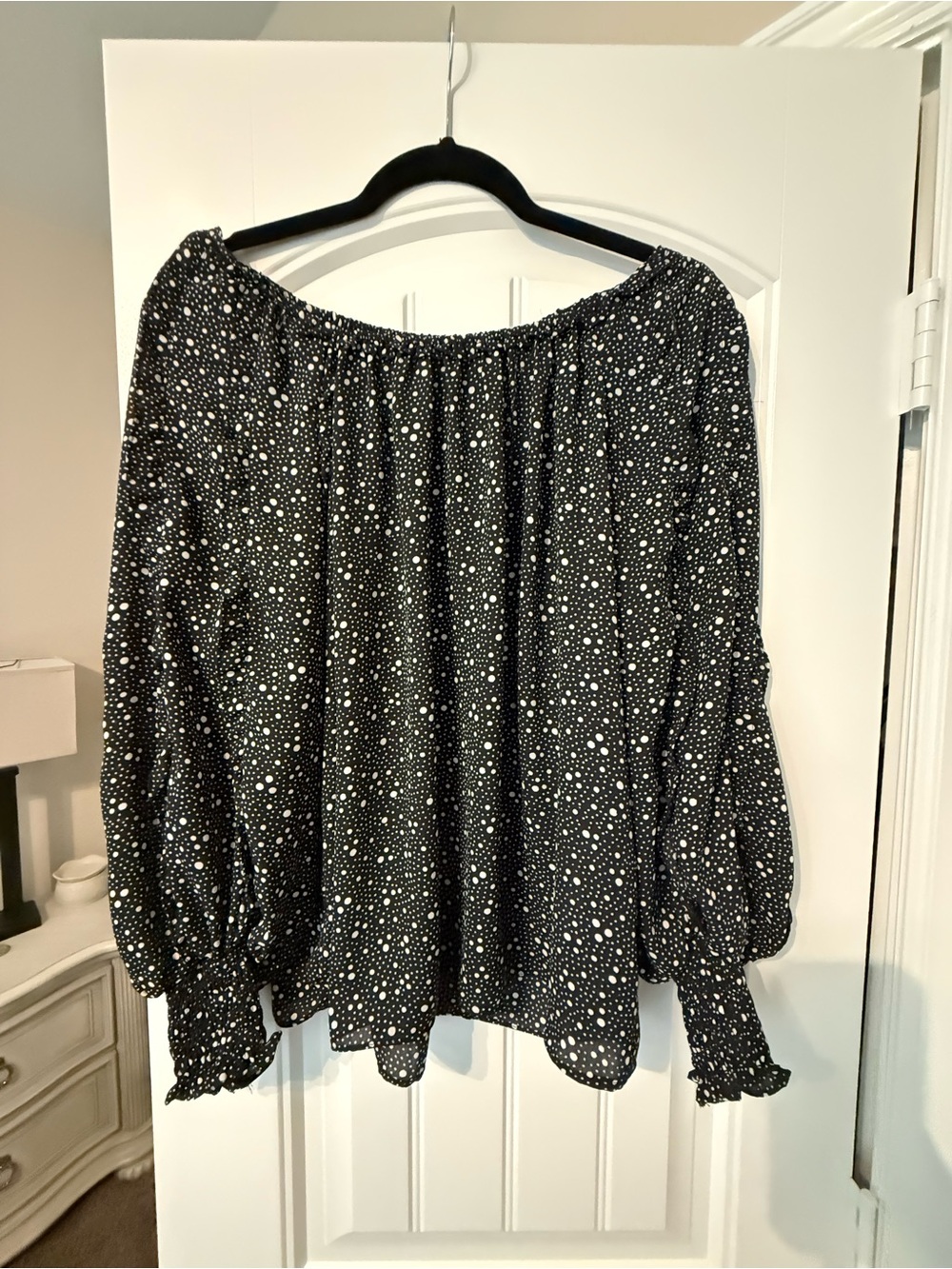 Max Studio Black and White Polka Dot Off-Shoulder Blouse